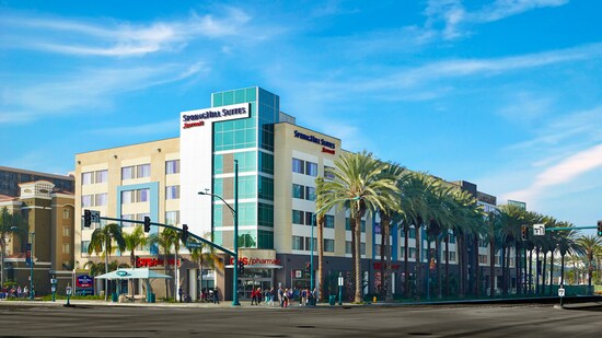 The exterior of the hotel is bordered by palm trees