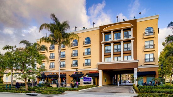 An outside view of the Grand Legacy at the Park with palm trees in front.