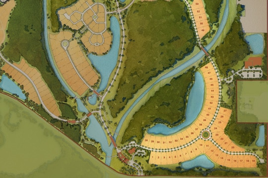 Natural beauty will await you at Kingswell, a new neighborhood that will feature estate-sized homesites—some with desirable water views. A map of Golden Oak, with the Kingswell neighborhood homesites prominently highlighted