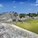 People stand at the top of stone ruins surrounded by grass and palm trees