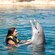 A woman in the water holding on to the fins of a dolphin