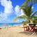 A tropical beach with palm trees, lounge chairs, umbrellas and a picnic table