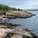 A rocky coastline surrounded by hilly forest terrain