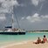 A couple lounges on the sand of a tropical beach while a catamaran is anchored nearby