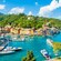 A harbor in Portofino with luxury boats moored along a waterfront lined with buildings set against a hillside surrounded by lush greenery