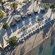 An aerial view of Two Harbors beach with palm trees on Catalina Island