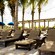 Long chairs under palm trees on the beach