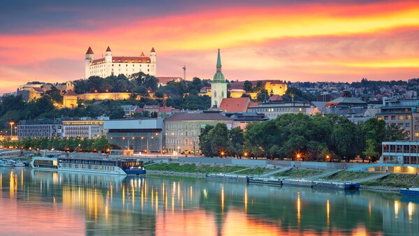 A panoramic view of enchanting Bratislava, Slovakia, on the Danube River at sunset