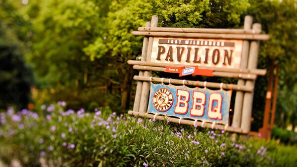 A sign for Mickey's Backyard BBQ at the Fort Wilderness Pavilion in Florida