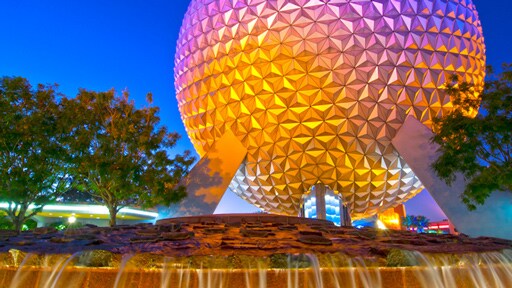Spaceship Earth at Epcot, illuminated at night