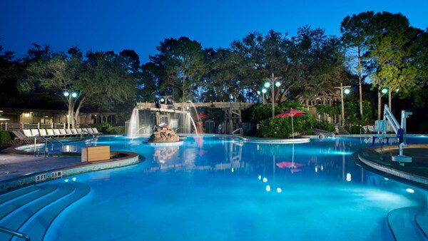 The Ol’ Man Island pool complex at Disney’s Port Orleans Resort Riverside, at night