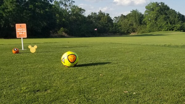 A soccer ball on the FootGolf course