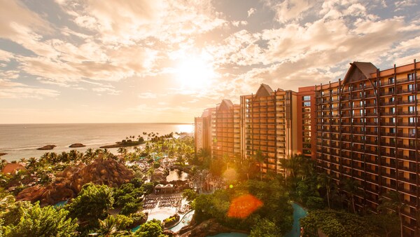 The exterior of Aulani Resort, overlooking the Pacific Ocean
