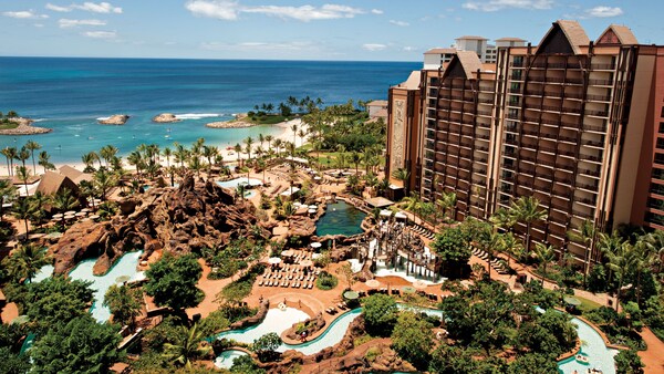 Aulani, a Disney Resort and Spa, and its extensive grounds, on the beach in Ko Olina, Hawaii