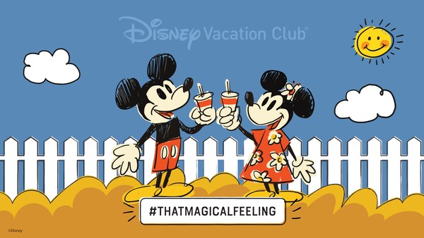 A cartoon drawing of Mickey Mouse and Minnie Mouse holding drinks with text that says ‘Disney Vacation Club, Hashtag, That Magical Feeling’