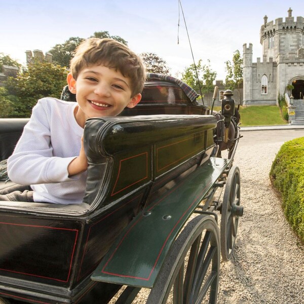 A boy rides in a carriage heading toward a castle