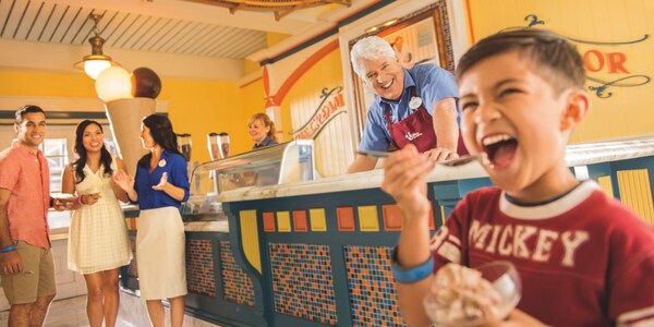 Guests eating ice cream in an ice cream parlor at Disney's Saratoga Springs Resort & Spa