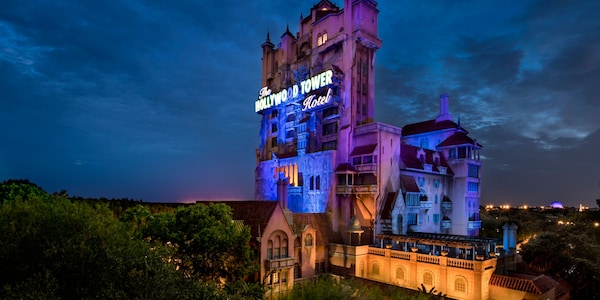 The Twilight Zone Tower of Terror attraction at Disney’s Hollywood Studios, at night