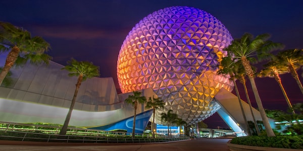 The iconic geosphere of the Spaceship Earth attraction at EPCOT, at night
