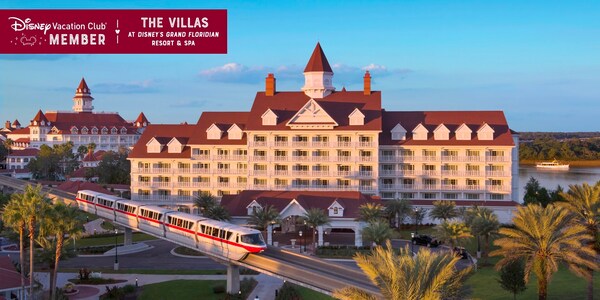 The monorail, passing in front of the Villas, over which a banner reads, ‘Disney Vacation Club Member, The Villas at Disney’s Grand Floridian Resort and Spa’