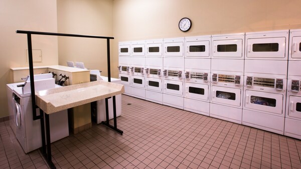 Interior de una sala de lavandería con un muro de lavadoras y secadoras