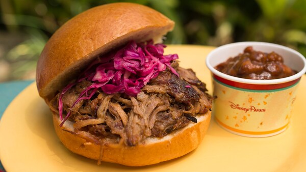 Pulled pork on a bun with red cabbage near a cup of chili