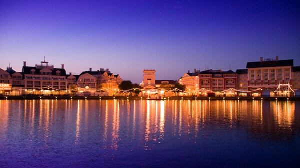 The pool at Bay Lake Tower lit up after dark