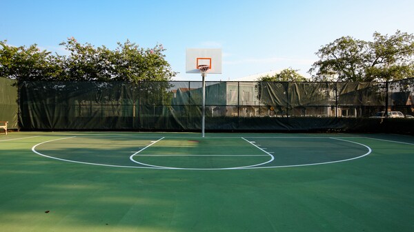Un panier de basketball dans un grand terrain clôturé vert