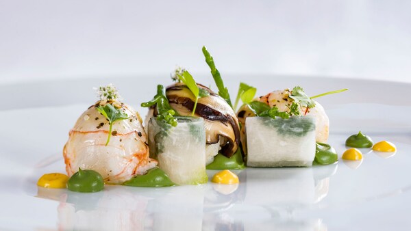 Un elegante plato con cigalas, rábano daikon y espárragos marinos