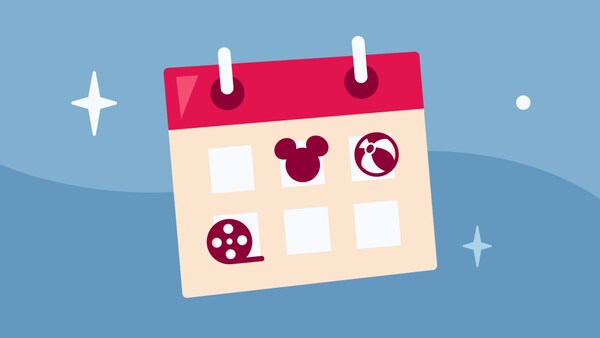 An illustration of a calendar featuring squares filled with icons of Mickey Mouse, a beach ball and a movie reel representing ‘Recreation”