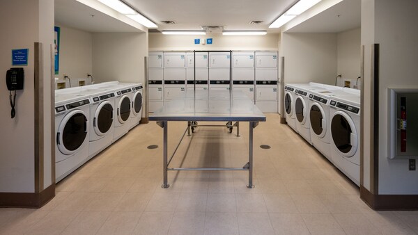 A laundry room with 2 rows of washing machines and a bank of dryers against the back wall