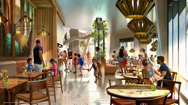 Familias cenando en un amplio restaurante en Disney Lakeside Lodge