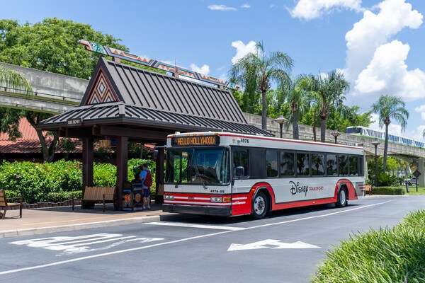 A bus at Disney’s Polynesian Village Resort bus depot