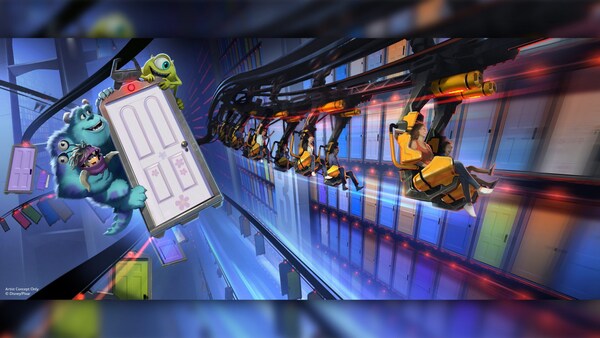 Mike Wazowski, Sully and Boo holding onto a dangling door as riders fly through Monstropolis