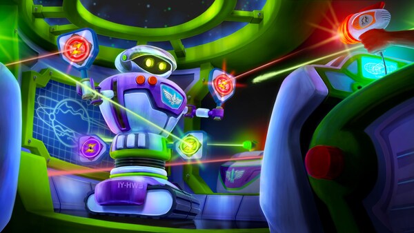 Riders on Buzz Lightyear’s Space Ranger Spin aiming blasters at targets on a space robot