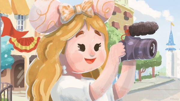 A drawing of a woman taking a picture of a veteran and his dog