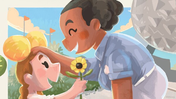 A drawing of a little girl giving a Cast Member a bouquet of flowers