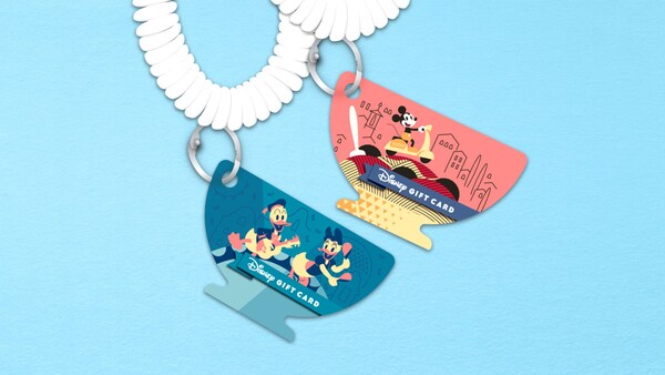An artist rendering of cup shaped Disney Gift Cards connected to wristbands