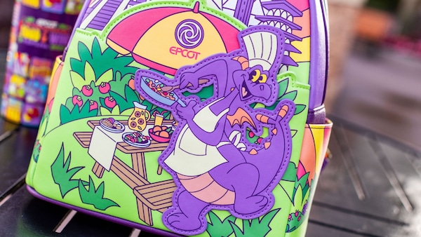 A backpack decorated with Chef Figment at Epcot