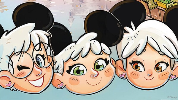A drawing of 3 ladies wearing Mickey Mouse ear hats