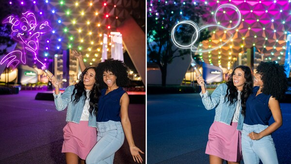  Un collage de fotos de 2 Paintbrush Magic Shots con 2 amigos dibujando Figment y auriculares de Mickey Mouse