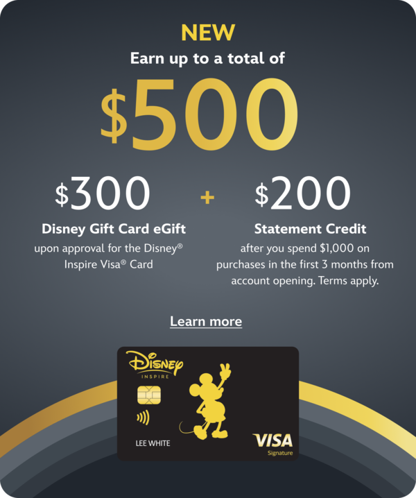 A rectangular banner that reads ‘Elevate Your Disney Experience’ above an image of a Disney Inspire Visa Card, next to the words ‘New, earn up to a total of 500 dollars. 300 dollars Disney Gift Card e Gift upon approval for the Disney Inspire Visa Card, plus 200 dollars statement credit after you spend 1,000 dollars on purchases in the first 3 months from account opening, Terms apply’, with a clickable link that reads ‘Learn More’