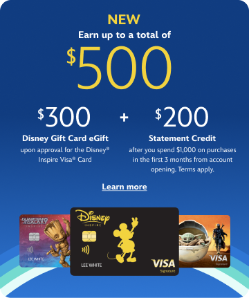 A banner with 3 Disney Premier Visa Cards featuring text that says you can get a 200 dollar Disney Gift Card eGift, upon approval for the Disney Premier Visa Card, plus earn a 200 dollar statement credit after you spend 500 dollars on purchases in the first 3 months from the account opening, terms apply, member FDIC