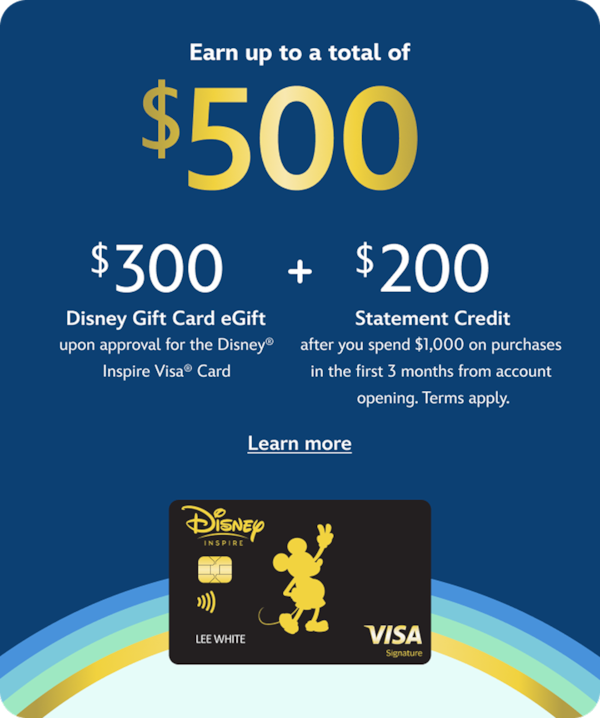 Disney Visa Card promotional banner featuring a Disney Visa card with Mickey Mouse artwork and a limited-time offer to earn up to $500 in combined rewards, including a Disney Gift Card and statement credit.