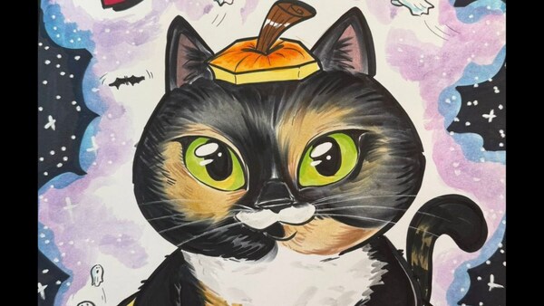 A Halloween themed caricature depicting a cat sitting inside of a pumpkin, available at The Art Corner
