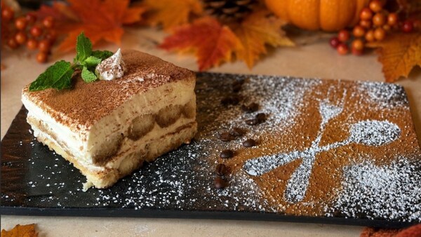 Pumpkin Tiramisu plated near fall decor