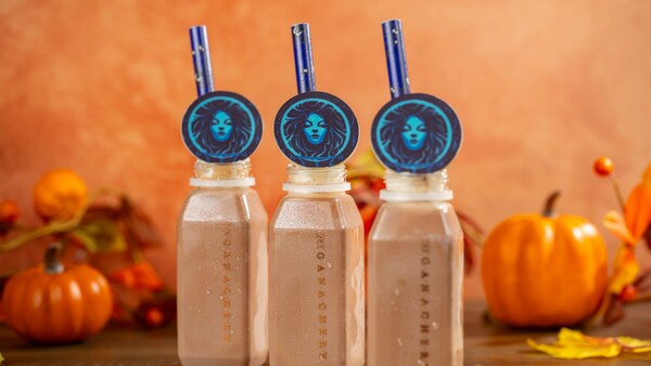A row of 3 pumpkin spice malted chocolate chillers with straws 