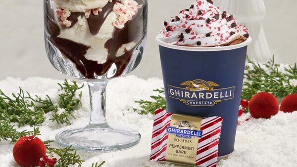 A Peppermint Bark Hot Fudge Sundae and a Peppermint Hot Cocoa from Ghirardelli Soda Fountain and Chocolate Shop	