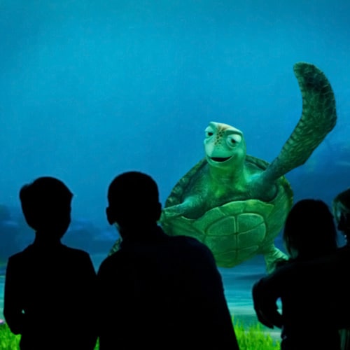 Crush waves to a family of 4 silhouetted against the screen at Turtle Talk with Crush