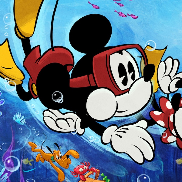 People ride a train underwater surrounded by swimming friends including Mickey, Minnie and Pluto